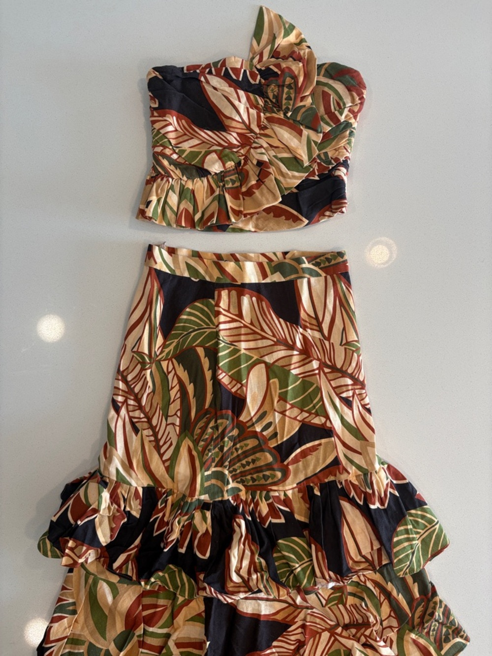 Zara Tropical Leaf Tiered Maxi Skirt in Green, Black, Cream